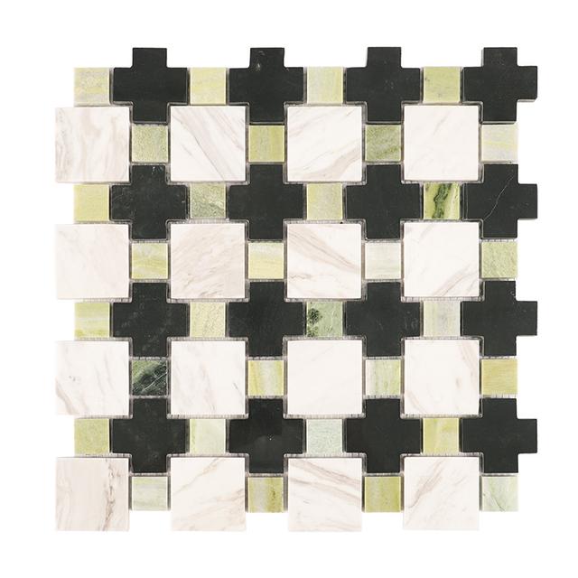 Green Black White Geometric Marble Floor Tile — mosaic ghép nghệ thuật bằng đá marble đen & trắng