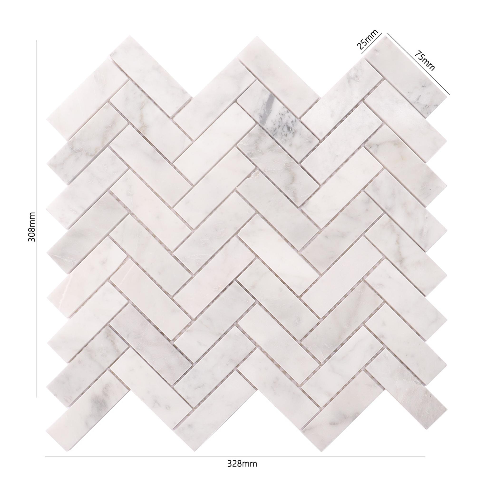 Bianco Carrara Herringbone Polished Marble Mosaic White  Tile — mosaic xương cá bằng đá marble trắng & trắng Carrara