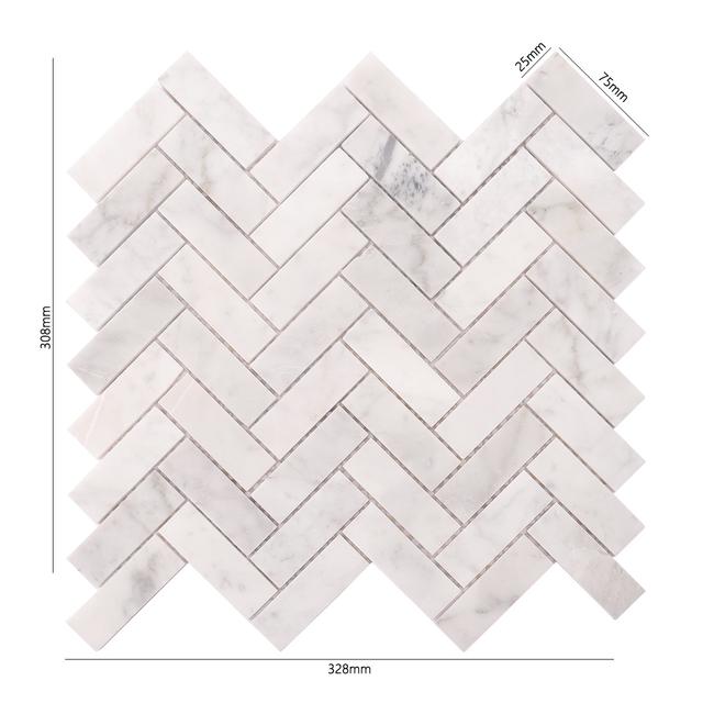 Bianco Carrara Herringbone Polished Marble Mosaic White  Tile — mosaic xương cá bằng đá marble trắng & trắng Carrara