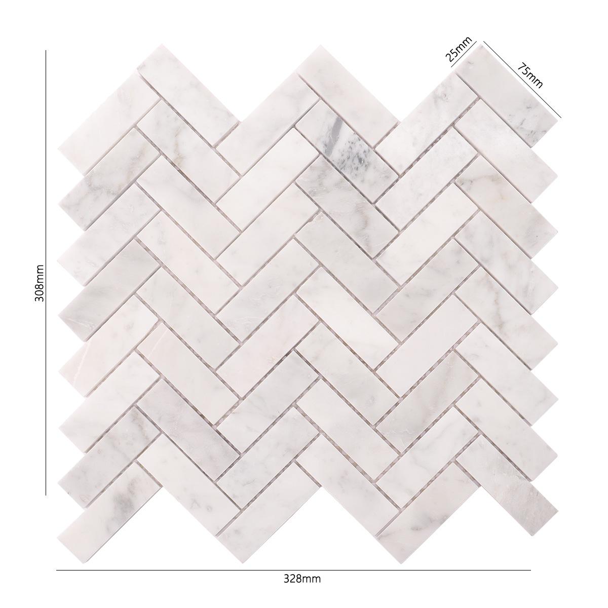 Bianco Carrara Herringbone Polished Marble Mosaic White Tile — mosaic xương cá bằng đá marble trắng & trắng Carrara