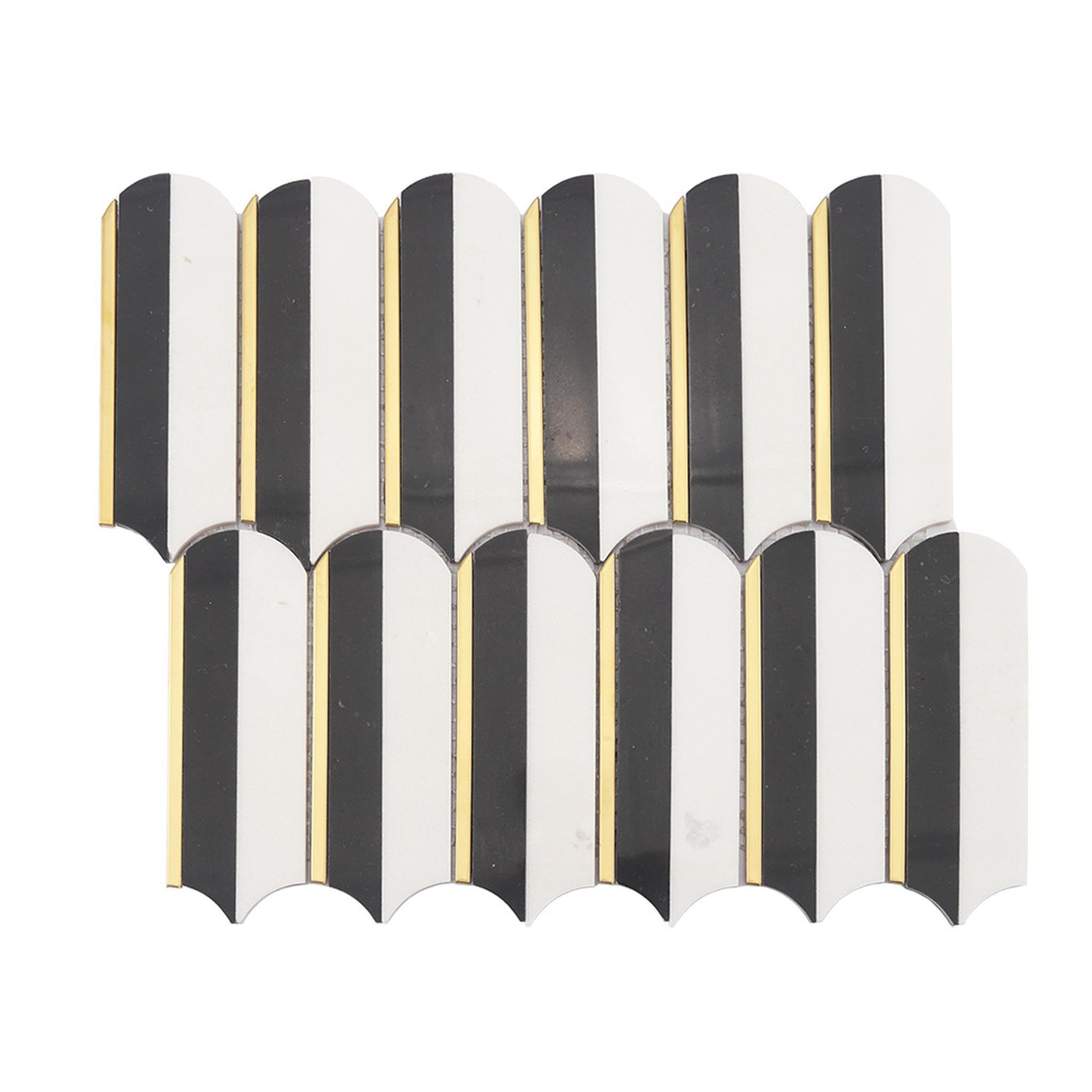 Black and White Arch Marble Mosaic Bathroom Wall Tile with Gold Line — mosaic ghép nghệ thuật bằng đá marble đen & trắng