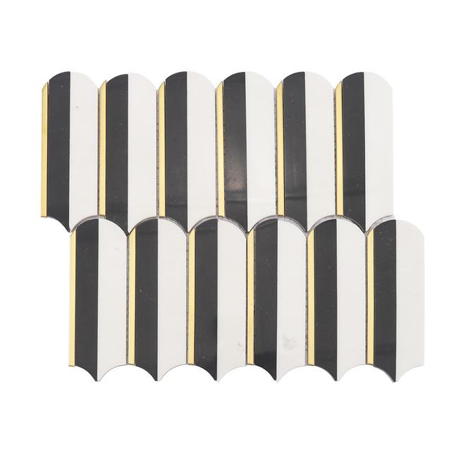 Black and White Arch Marble Mosaic Bathroom Wall Tile with Gold Line — mosaic ghép nghệ thuật bằng đá marble đen & trắng