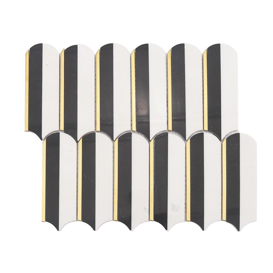 Black and White Arch Marble Mosaic Bathroom Wall Tile with Gold Line — mosaic ghép nghệ thuật bằng đá marble đen & trắng