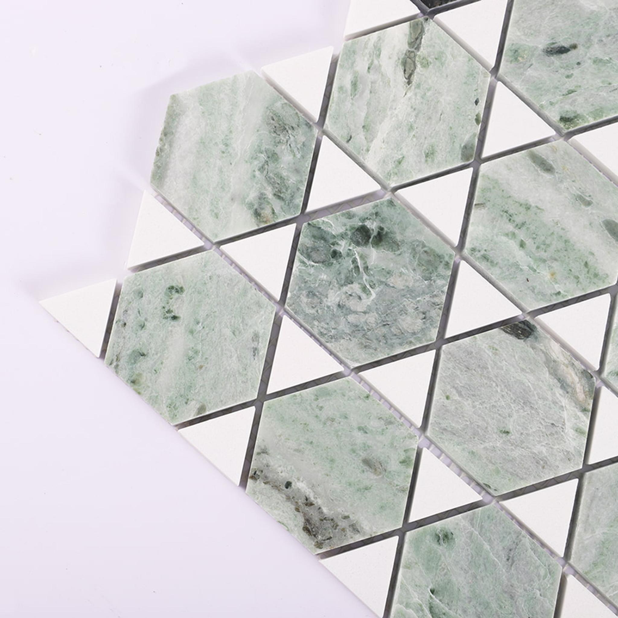 Green and White Geometric Marble Mosaic Tile — mosaic ghép nghệ thuật bằng đá marble trắng & xanh lục