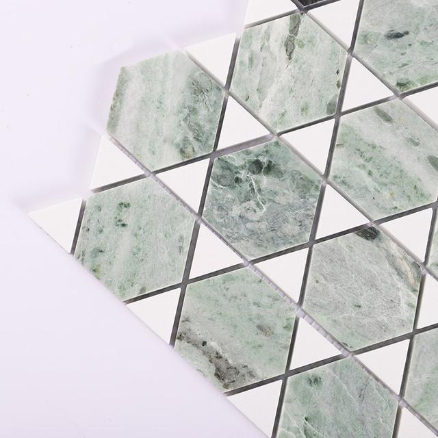 Green and White Geometric Marble Mosaic Tile — mosaic ghép nghệ thuật bằng đá marble trắng & xanh lục