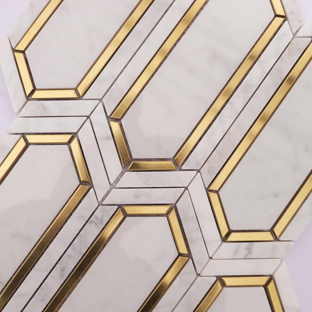 White and Gold Metal Border Picket Marble Tile — mosaic ghép nghệ thuật bằng đá marble trắng & vàng