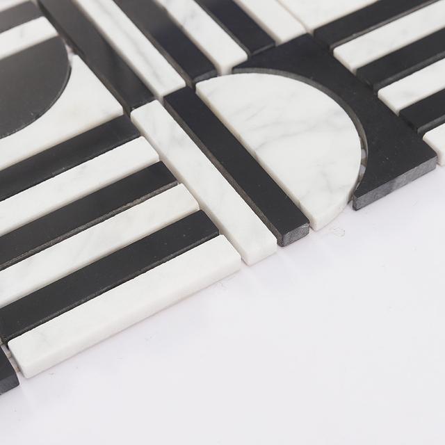 Black and White Geometric Marble Tile — mosaic ghép nghệ thuật bằng đá marble đen & trắng
