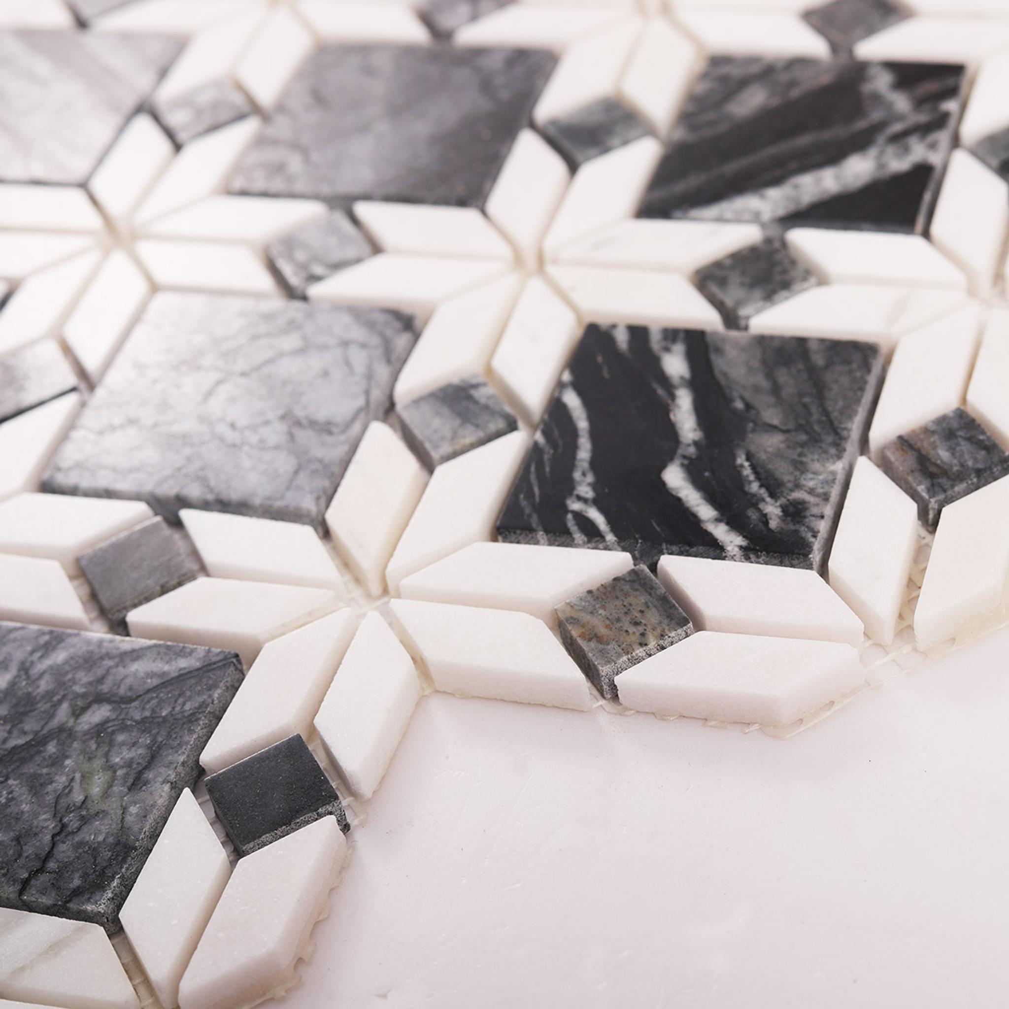 Floral Pattern Gray and White Marble Mosaic Tiles — mosaic hoa văn waterjet bằng đá marble trắng & xám
