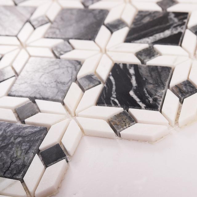 Floral Pattern Gray and White Marble Mosaic Tiles — mosaic hoa văn waterjet bằng đá marble trắng & xám