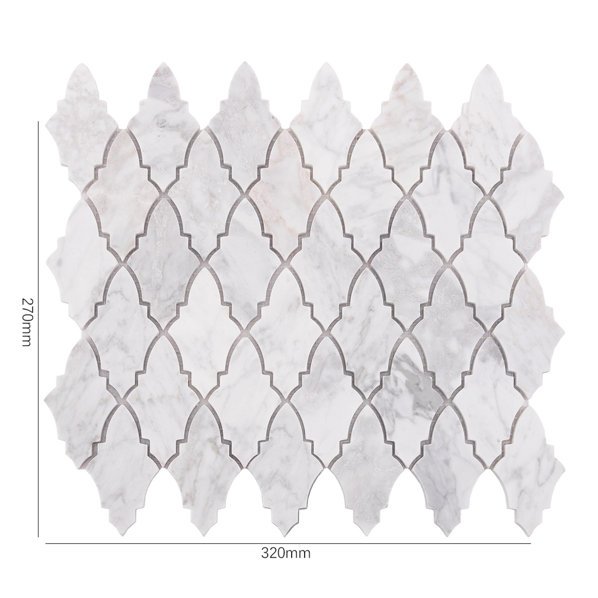 Arabesque Carrara White Polished Honed Marble Mosaic Tile — mosaic arabesque bằng đá marble trắng & trắng Carrara