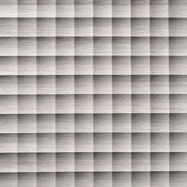 Vách đá 3D Quadro — biến thể chế tác từ đá Travertino Silver (travertine xám bạc), bề mặt ô lưới vuông nổi khối