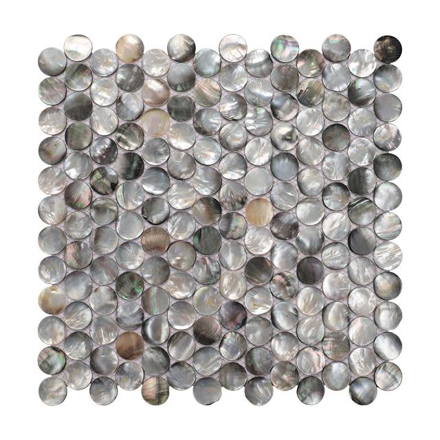 Black Mother of Pearl Penny Round Mosaic — mosaic tròn (penny round) bằng xà cừ đen ánh xà cừ