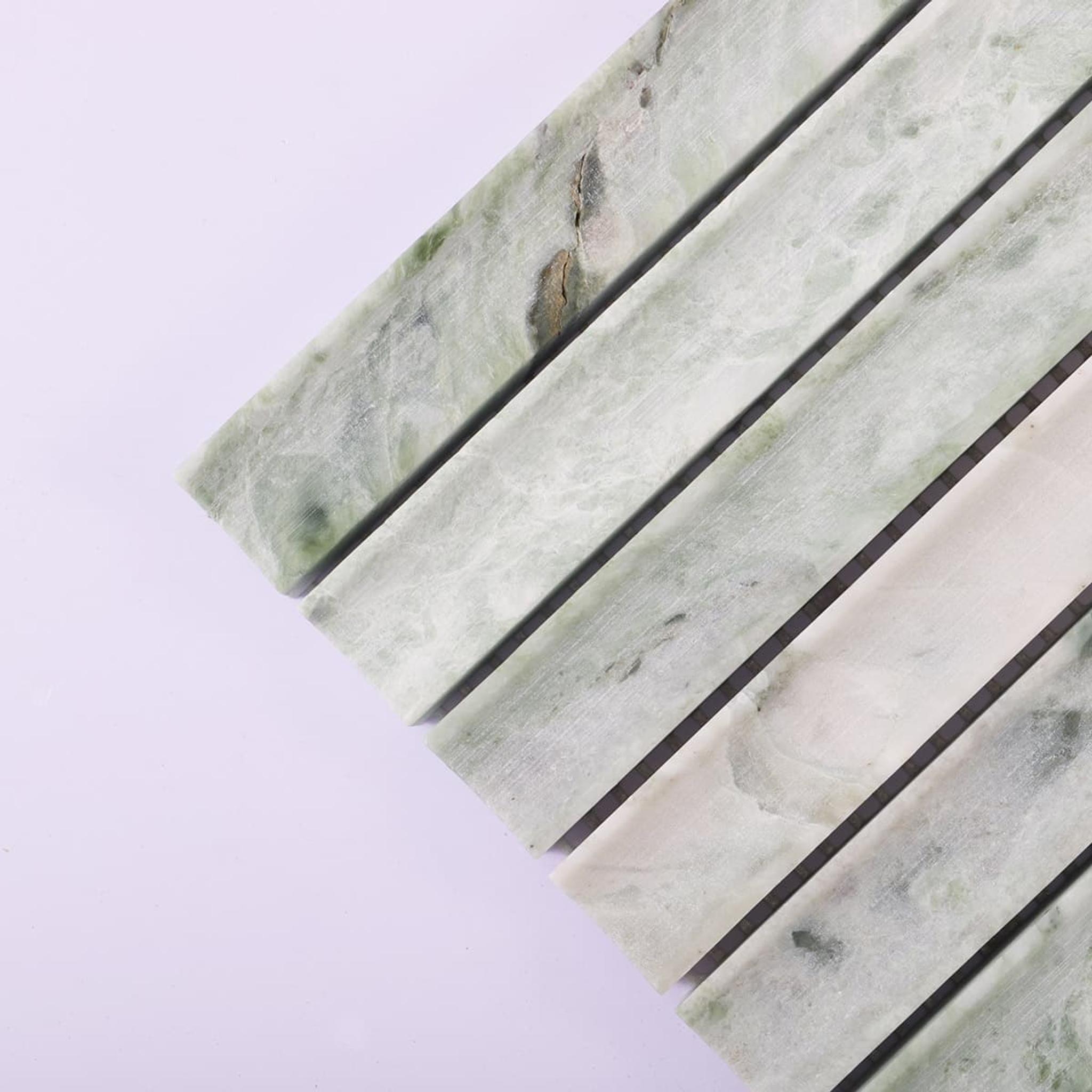 Ming Green Fluted Marble Honed Strip Mosaic Tile — mosaic rãnh sọc (fluted) bằng đá marble xanh lục