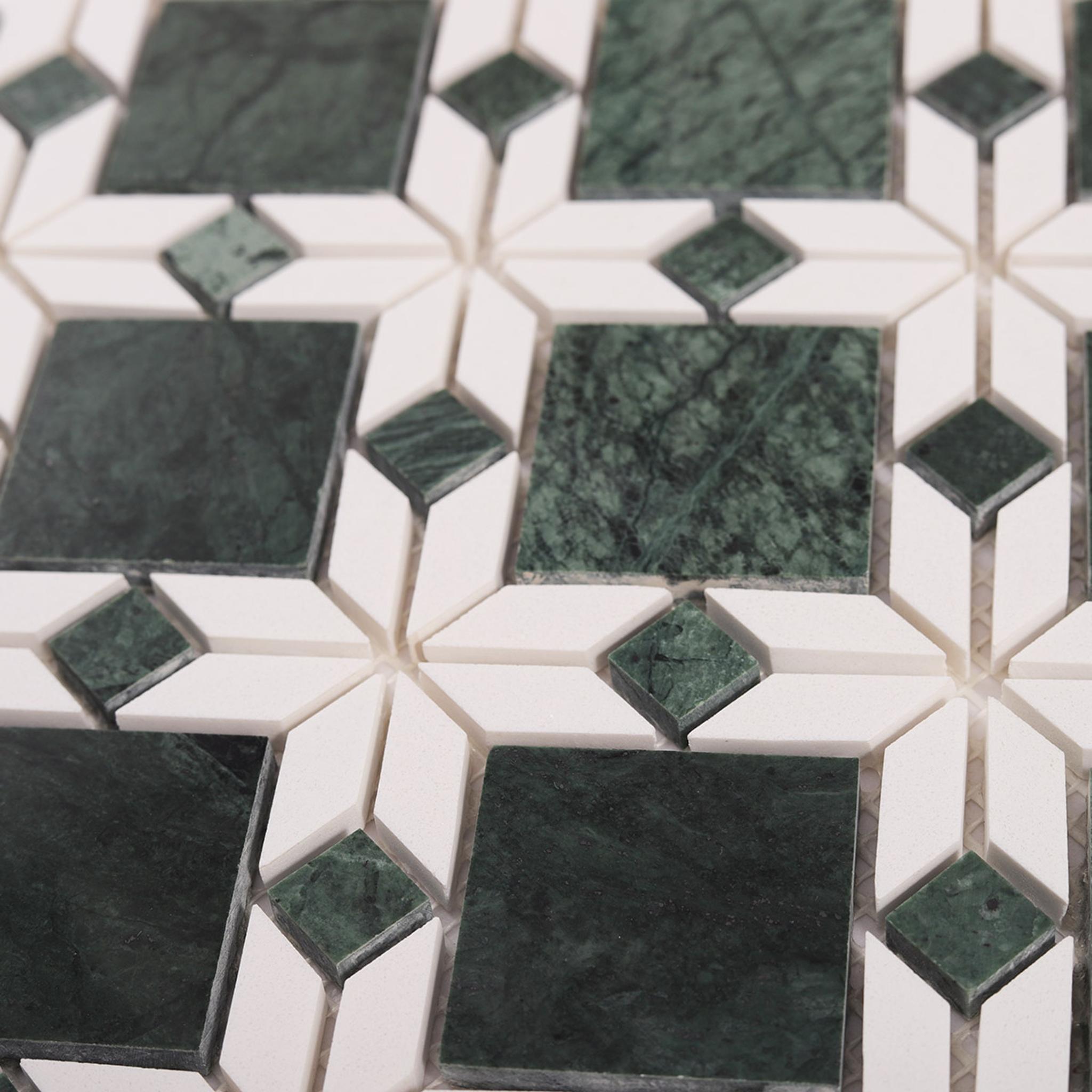 Green and White Marble Flower Mosaic Tiles — mosaic hoa văn waterjet bằng đá marble trắng & xanh lục