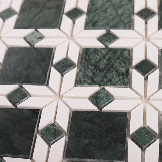 Green and White Marble Flower Mosaic Tiles — mosaic hoa văn waterjet bằng đá marble trắng & xanh lục