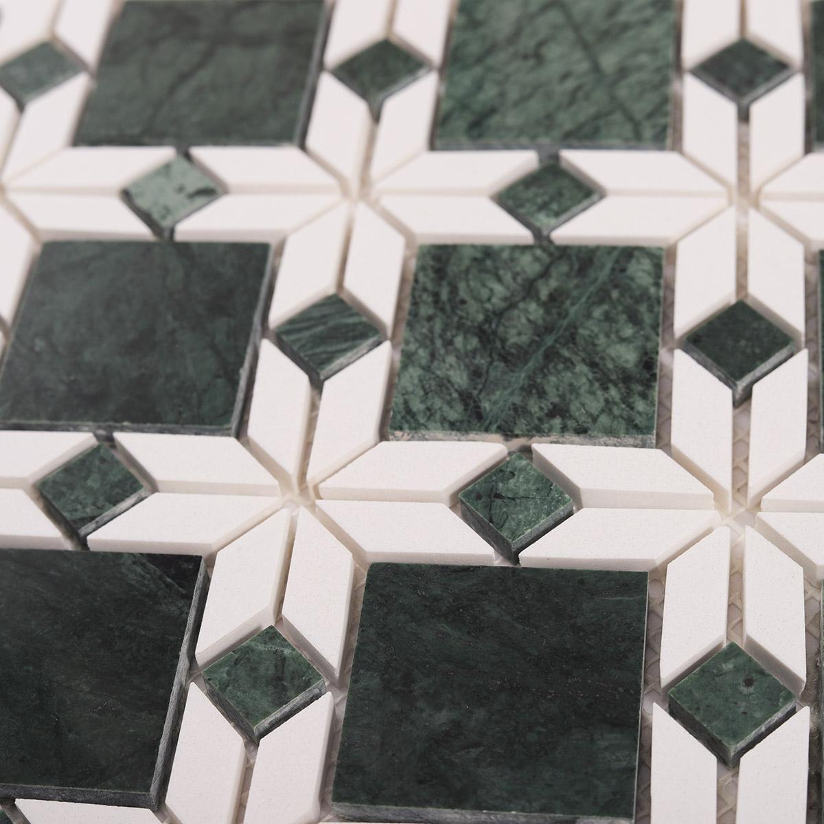 Green and White Marble Flower Mosaic Tiles — mosaic hoa văn waterjet bằng đá marble trắng & xanh lục