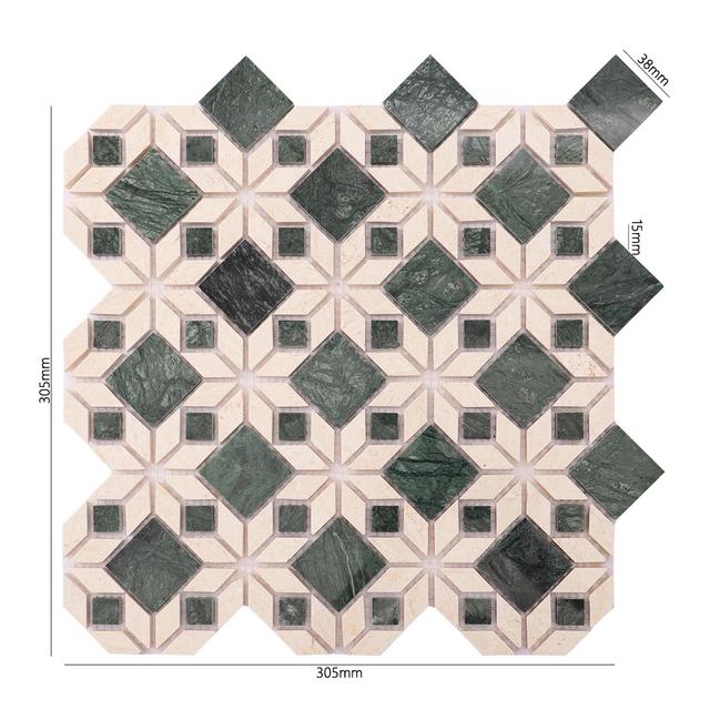 Green and Beige Marble Flower Mosaic Natural Stone Tiles — mosaic hoa văn waterjet bằng đá marble xanh lục & beige