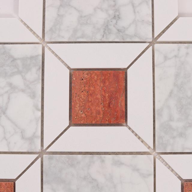 Octagon Carrara and Red Marble Mosaic Tiles — mosaic ghép nghệ thuật bằng đá marble trắng & đỏ