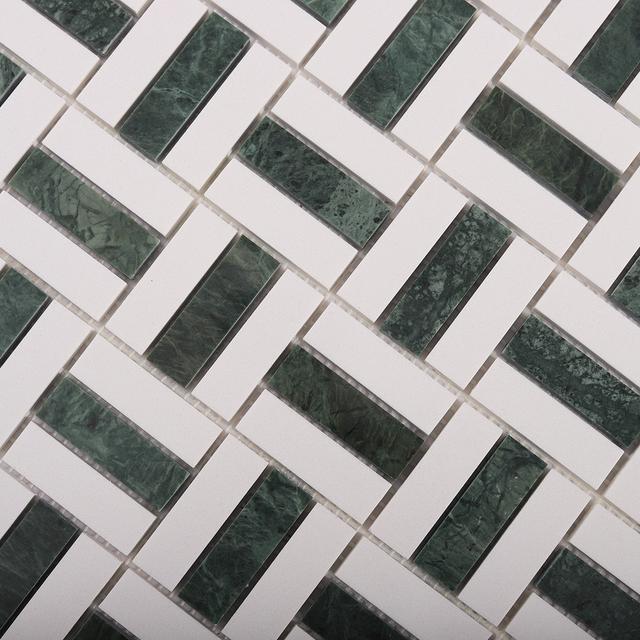 Empress Green and White Basketweave Marble Mosaic Tiles — mosaic đan rổ (basketweave) bằng đá marble trắng & xanh lục