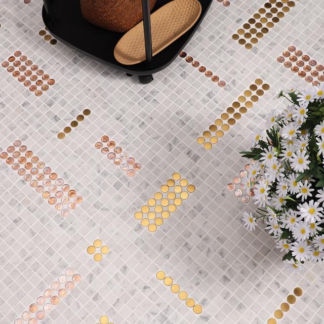 Glass and Marble Mosaic Floor Tile — mosaic ghép nghệ thuật bằng đá marble trắng