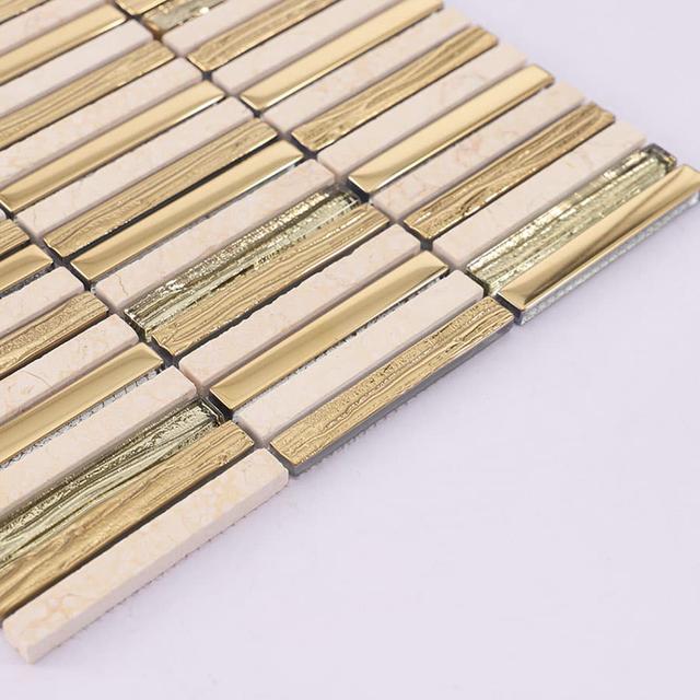 Gold Glass and Beige Marble Stack Linear Mosaic Tile for Kitchen an… — mosaic thanh dài (linear) bằng đá marble beige & vàng