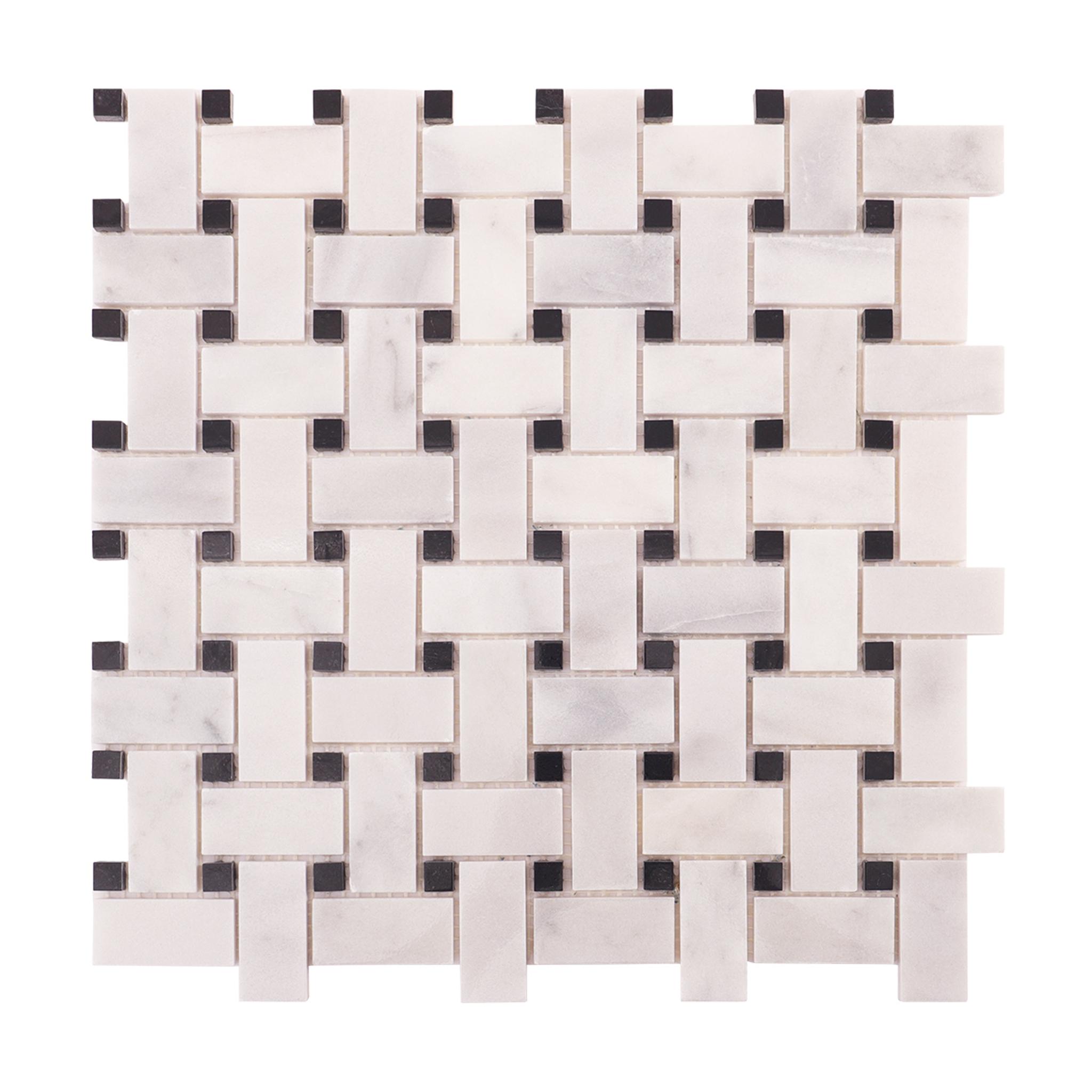 Carrara White and Black Basketweave Marble Mosaic Tiles — mosaic đan rổ (basketweave) bằng đá marble đen & trắng