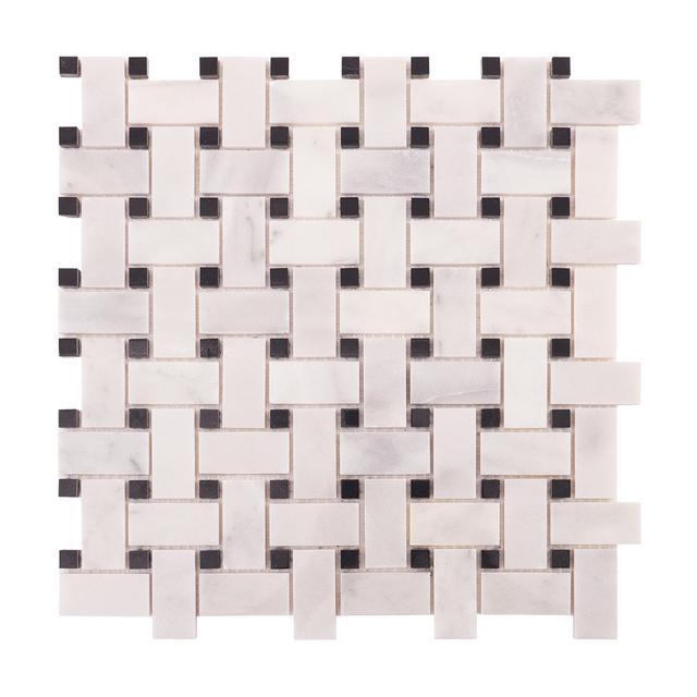 Carrara White and Black Basketweave Marble Mosaic Tiles — mosaic đan rổ (basketweave) bằng đá marble đen & trắng