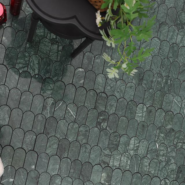 Long Fan Verde Green Marble Mosaic Tile — mosaic nan quạt bằng đá marble xanh lục