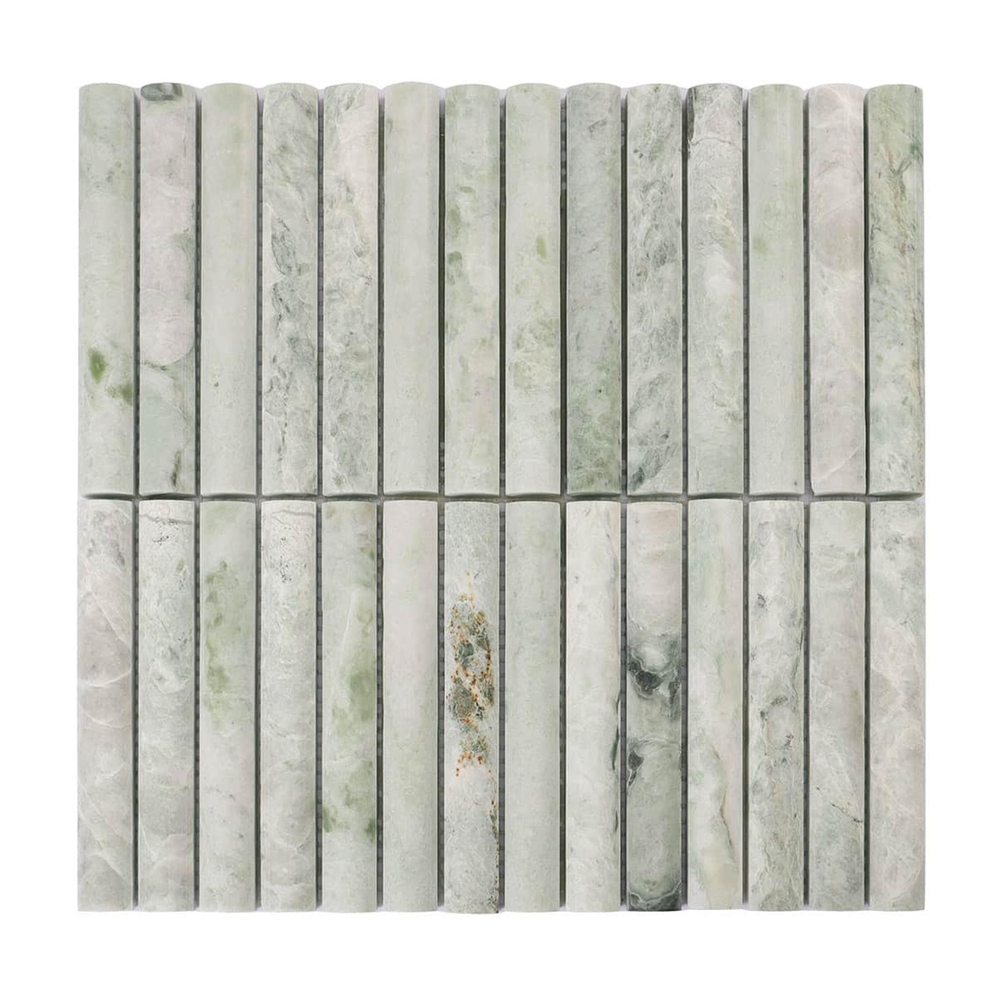Light Green Fluted Marble Strip Mosaic Tile Backsplash Wall — mosaic rãnh sọc (fluted) bằng đá marble xanh lục
