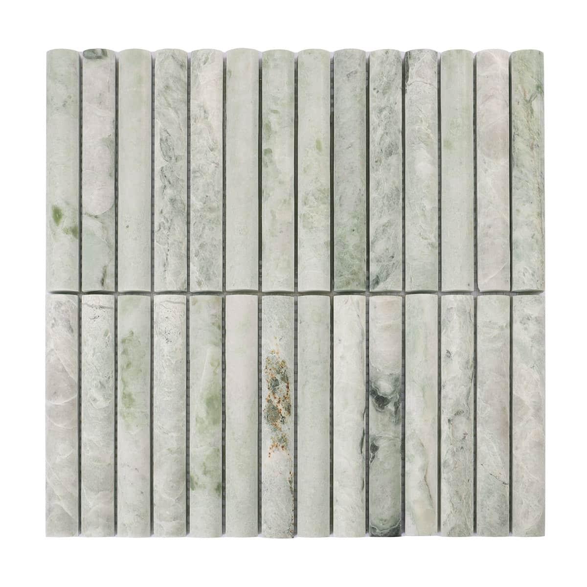 Light Green Fluted Marble Strip Mosaic Tile Backsplash Wall — mosaic rãnh sọc (fluted) bằng đá marble xanh lục