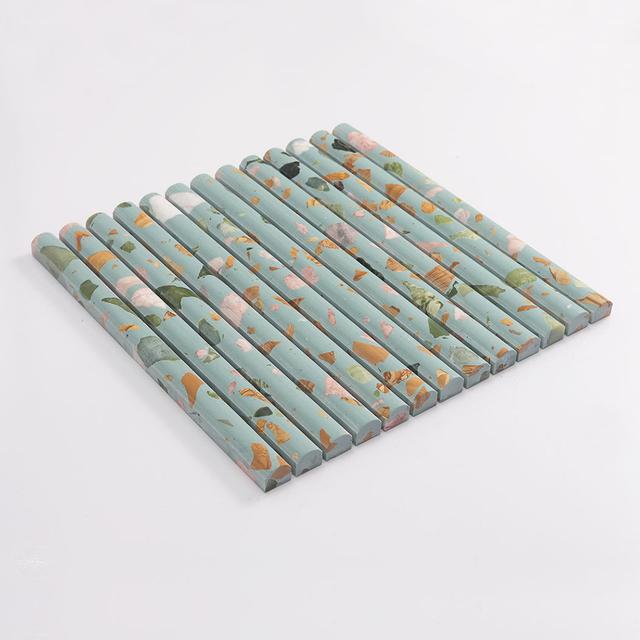 Blue Green Terrazzo Fluted Tile Fresh Wall Mosaic — mosaic rãnh sọc (fluted) bằng đá terrazzo xanh lục & xanh dương