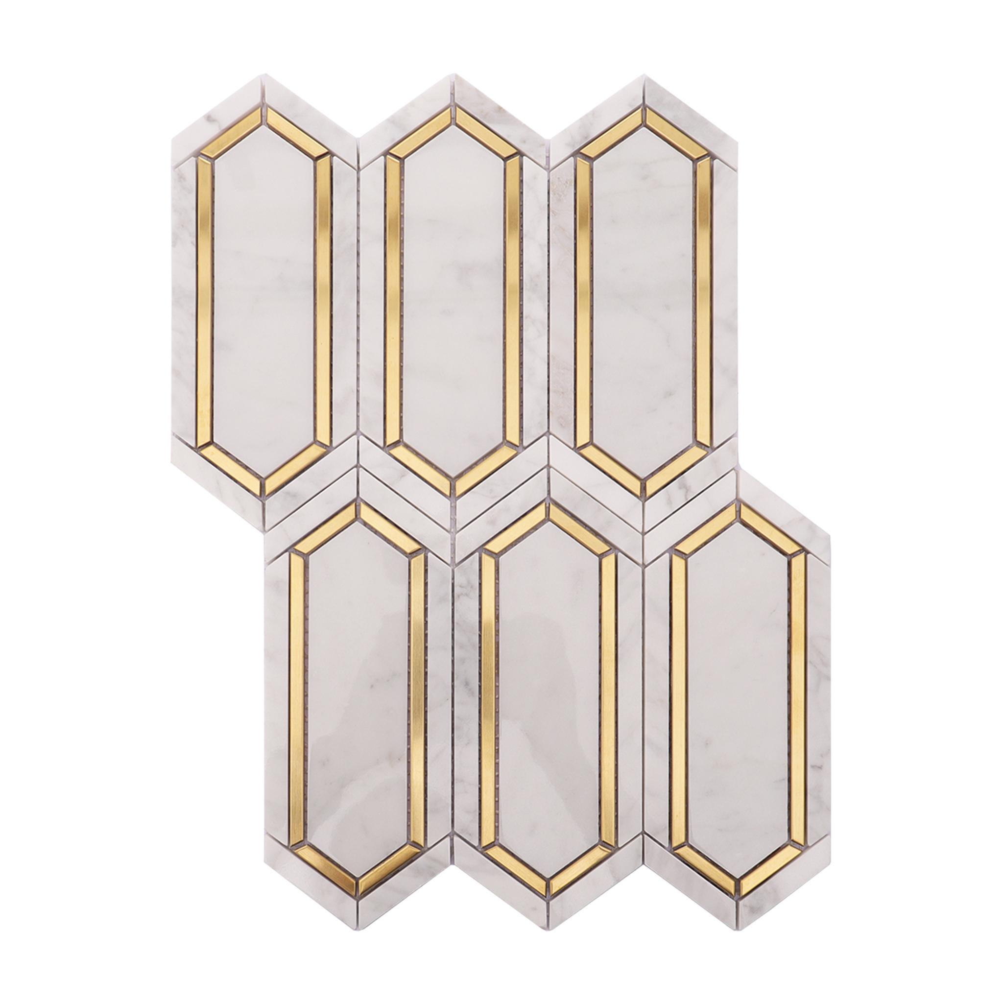 White and Gold Metal Border Picket Marble Tile — mosaic ghép nghệ thuật bằng đá marble trắng & vàng