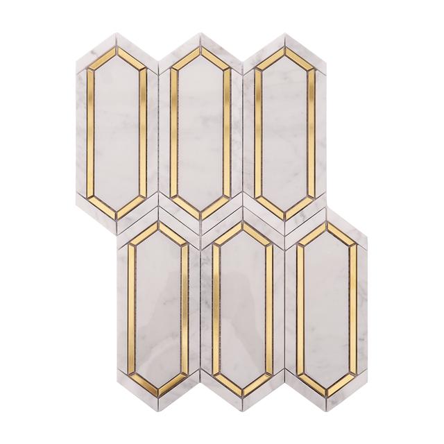 White and Gold Metal Border Picket Marble Tile — mosaic ghép nghệ thuật bằng đá marble trắng & vàng