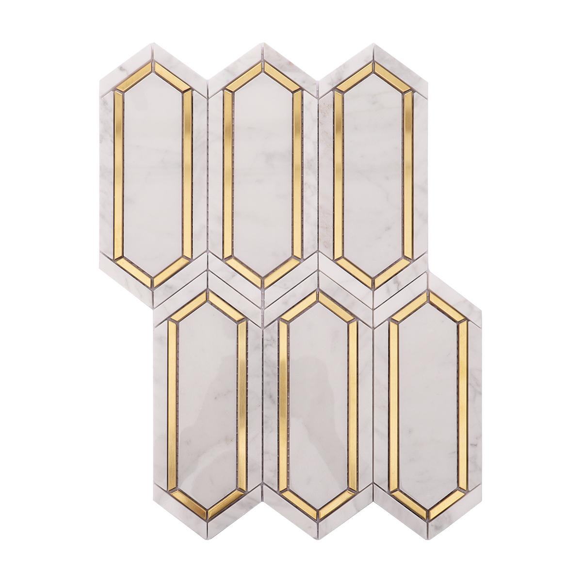 White and Gold Metal Border Picket Marble Tile — mosaic ghép nghệ thuật bằng đá marble trắng & vàng