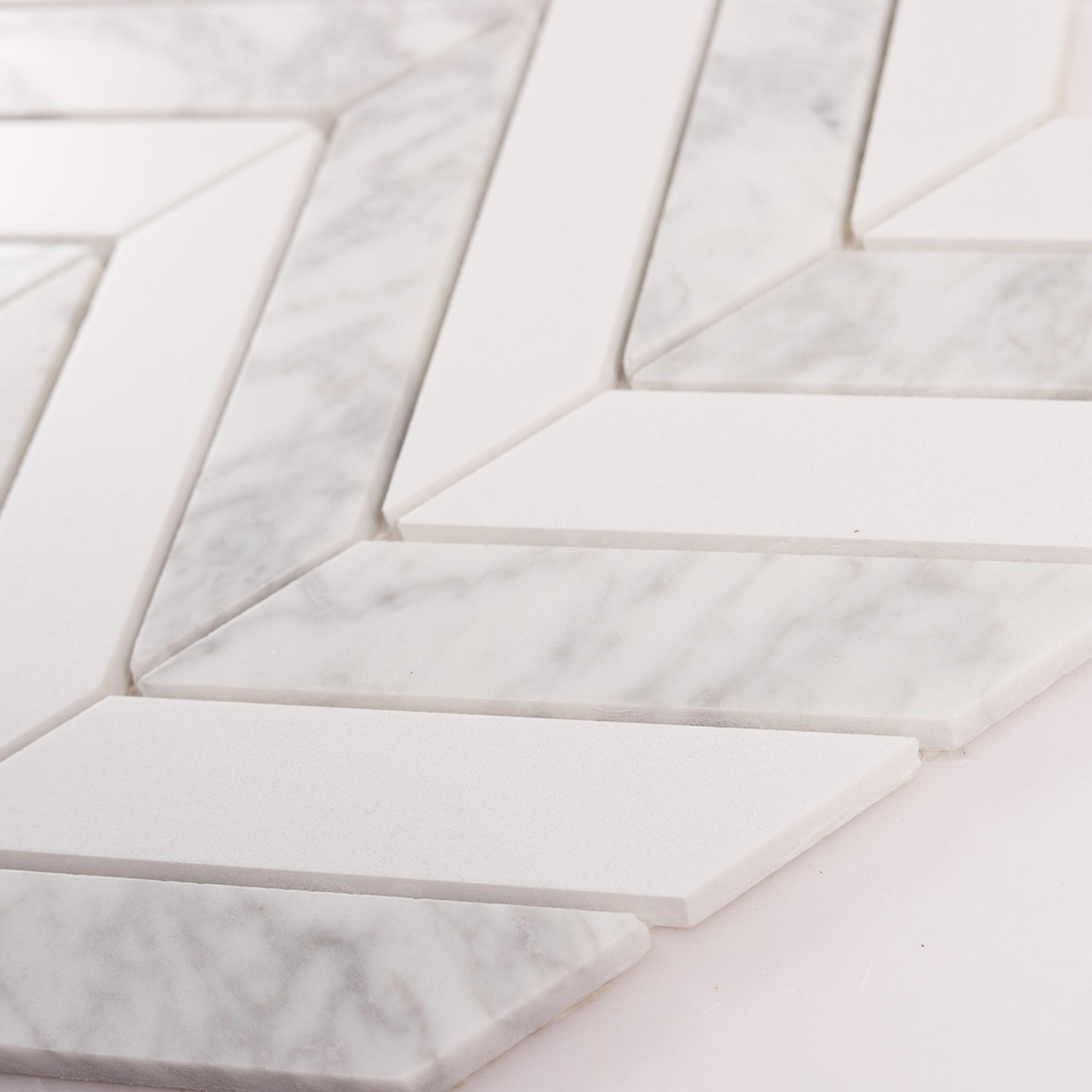 Herringbone Carrara White Marble Mosaic Tiles — mosaic xương cá bằng đá marble trắng & trắng Carrara