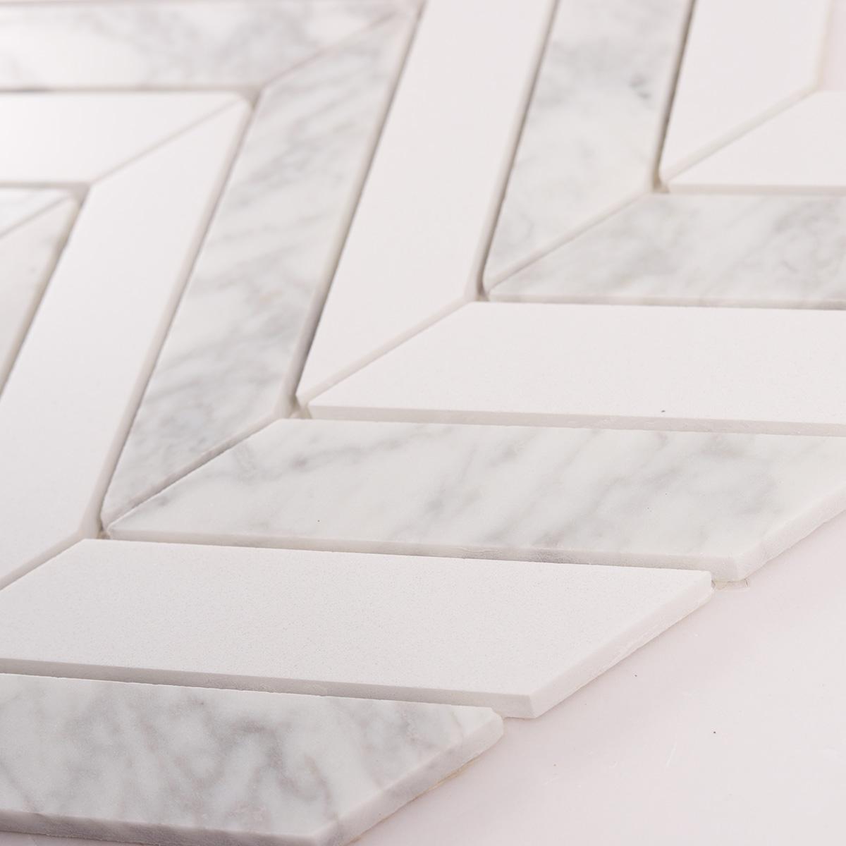 Herringbone Carrara White Marble Mosaic Tiles — mosaic xương cá bằng đá marble trắng & trắng Carrara