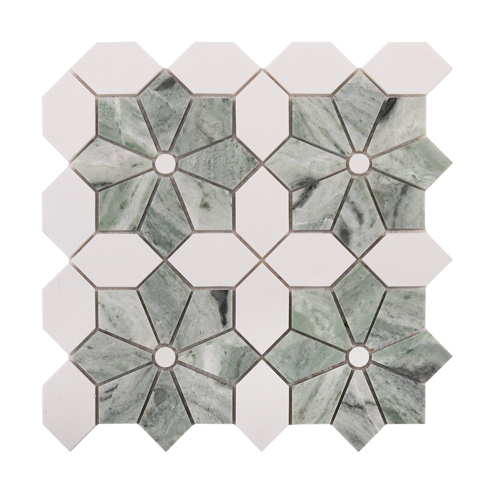 Green and White Floral Marble Mosaic Tiles with Round Center — mosaic tròn (penny round) bằng đá marble trắng & xanh lục
