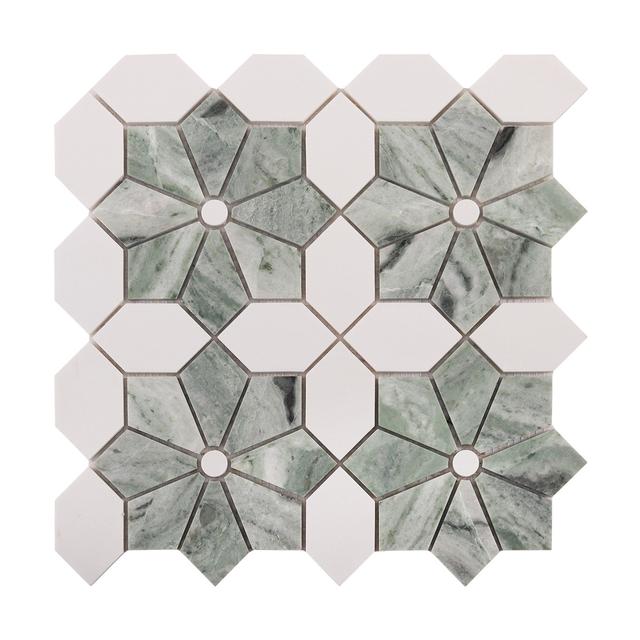 Ming Green and White Floral Marble Mosaic Tiles Waterjet — Rochelle Rochelle Stone