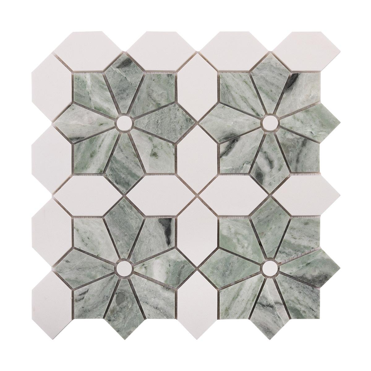 Green and White Floral Marble Mosaic Tiles with Round Center — mosaic tròn (penny round) bằng đá marble trắng & xanh lục