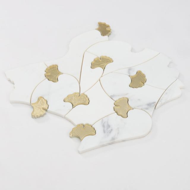 White Marble Gold Glass Waterjet Floral Mosaic Tile — mosaic hoa văn waterjet bằng đá marble trắng & vàng