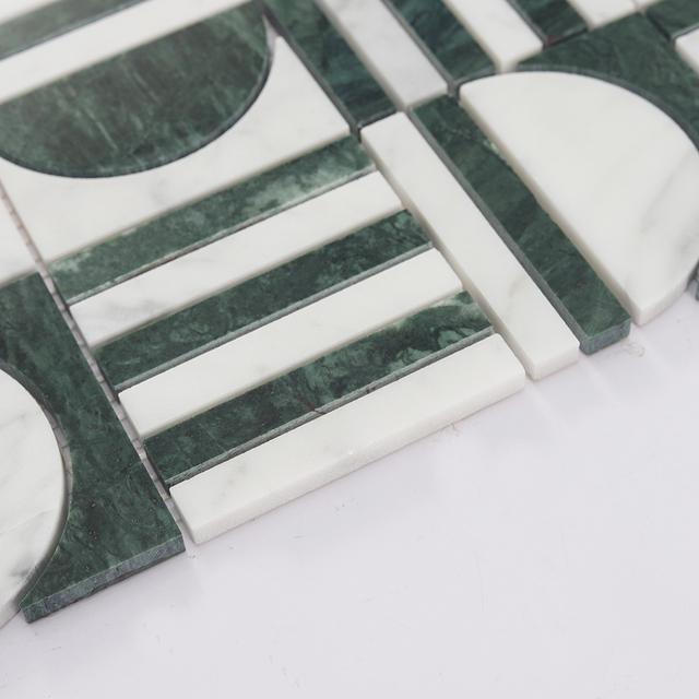 Geometric Green and White Marble Mosaic Backsplash and Bathroom Tile — mosaic ghép nghệ thuật bằng đá marble trắng & xanh lục