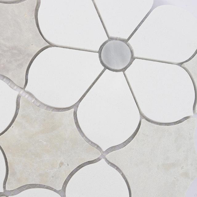 White Beige Floral Marble Mosaic Tile for Elegant Bathroom Walls — mosaic hoa văn waterjet bằng đá marble trắng & beige