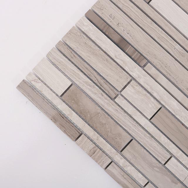 Wood Marble Linear Strips Subway Mosaic — mosaic thanh dài (linear) bằng đá marble vân gỗ