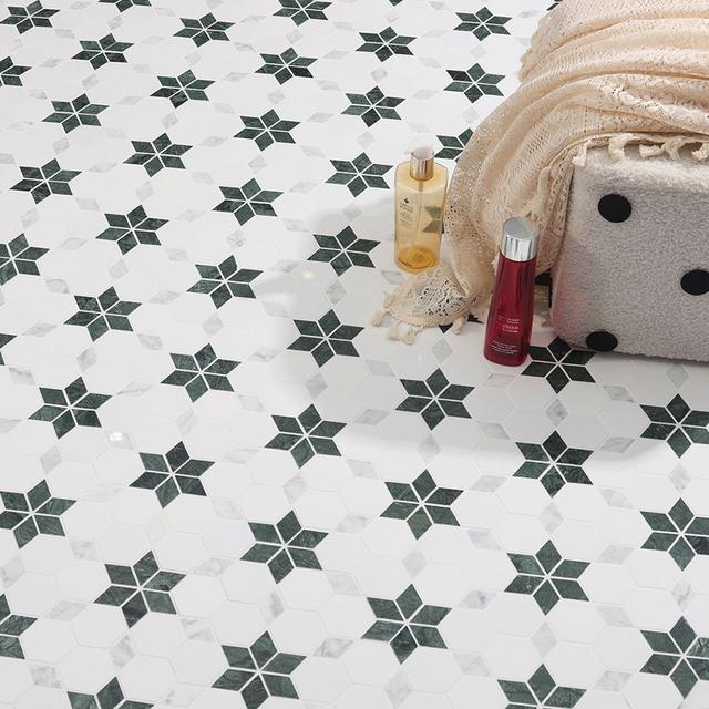 Hexagon White and Green Marble Mosaic Tiles — mosaic lục giác bằng đá marble trắng & xanh lục