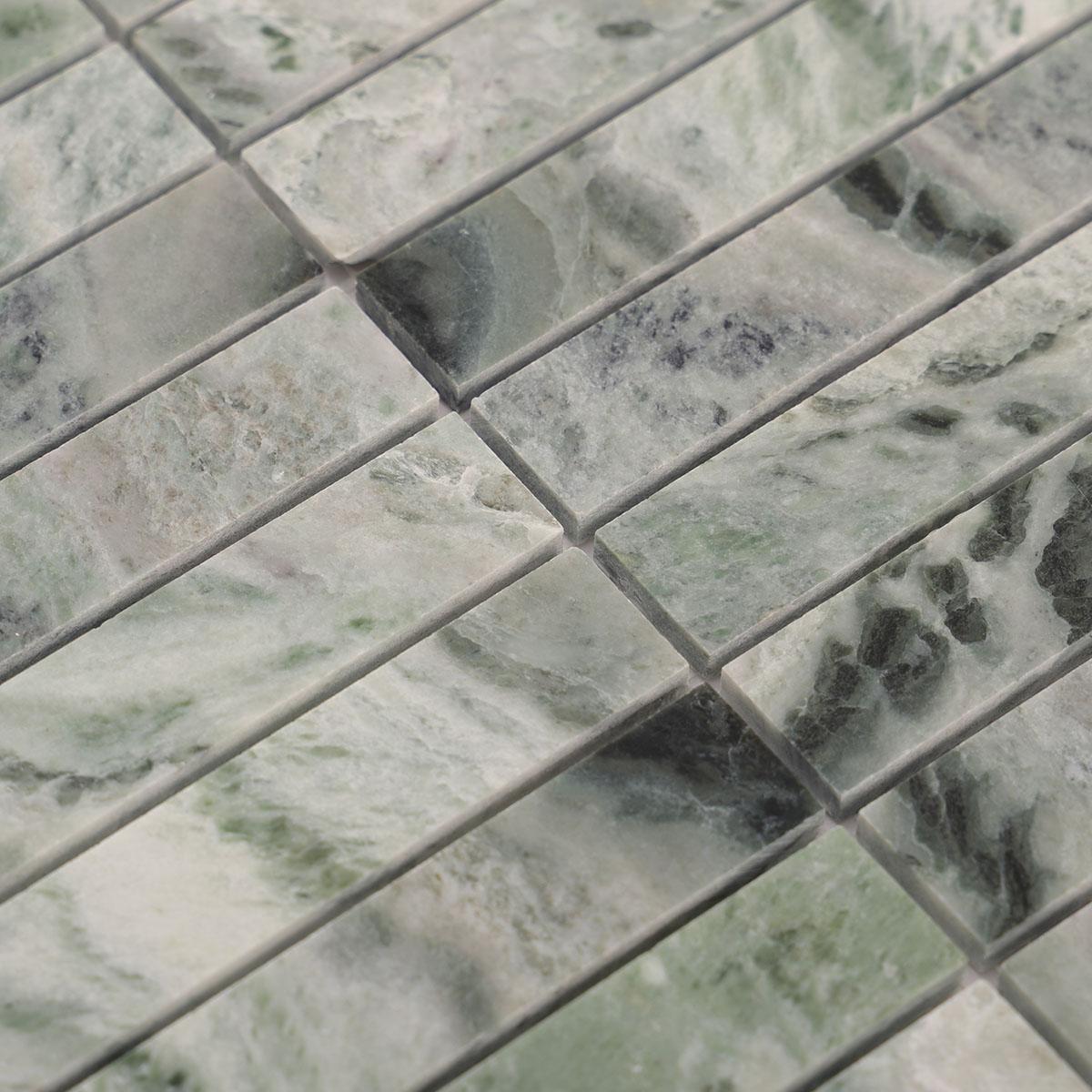 Sage Green Polished Marble Vertical Mosaic Tiles — mosaic ghép nghệ thuật bằng đá marble xanh lục