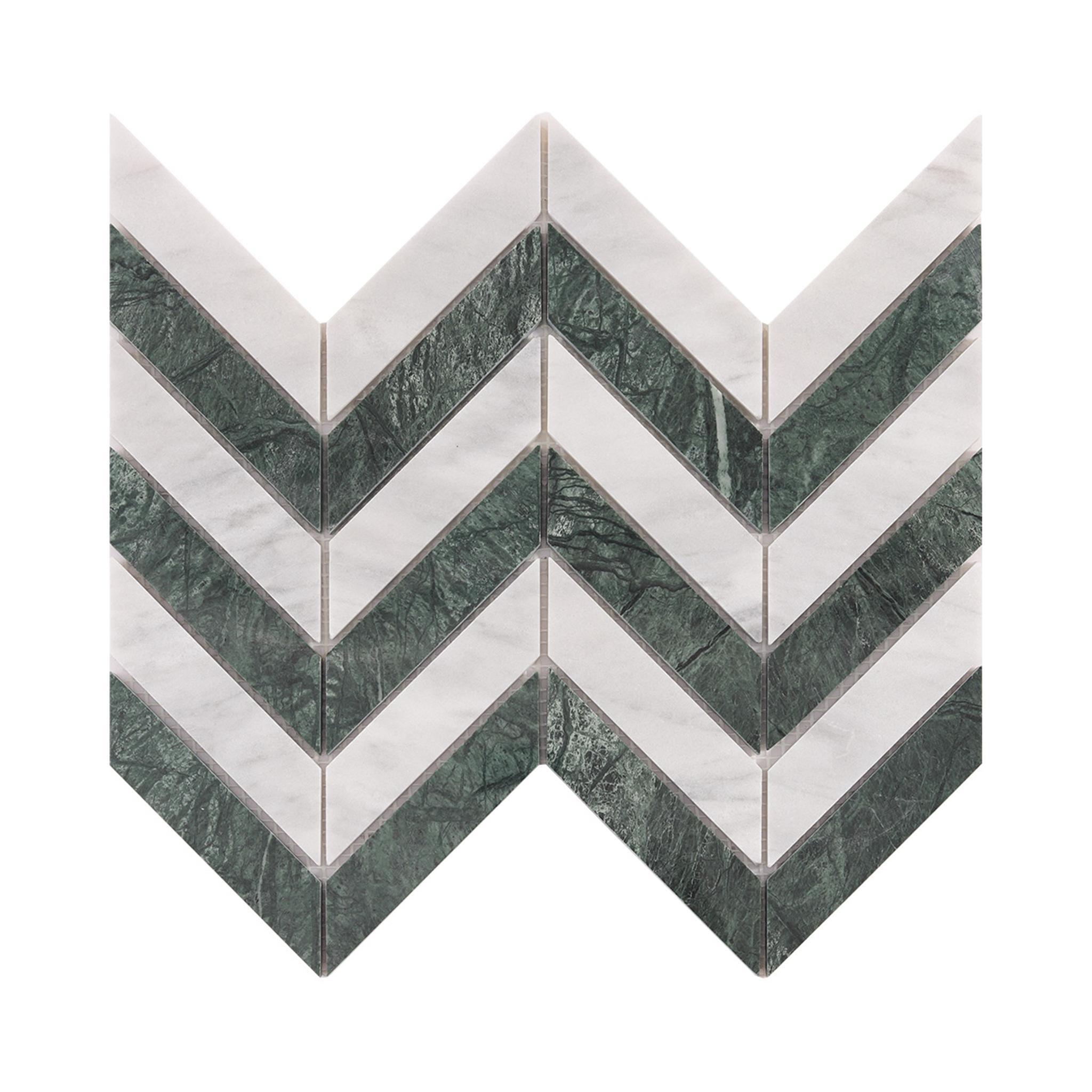 Green and White Herringbone Marble Mosaic Tiles — mosaic xương cá bằng đá marble trắng & xanh lục