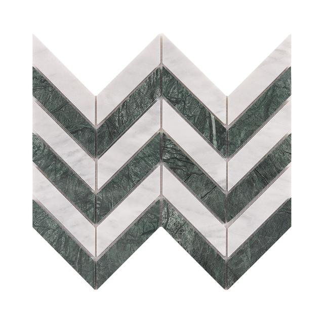Green and White Herringbone Marble Mosaic Tiles — mosaic xương cá bằng đá marble trắng & xanh lục