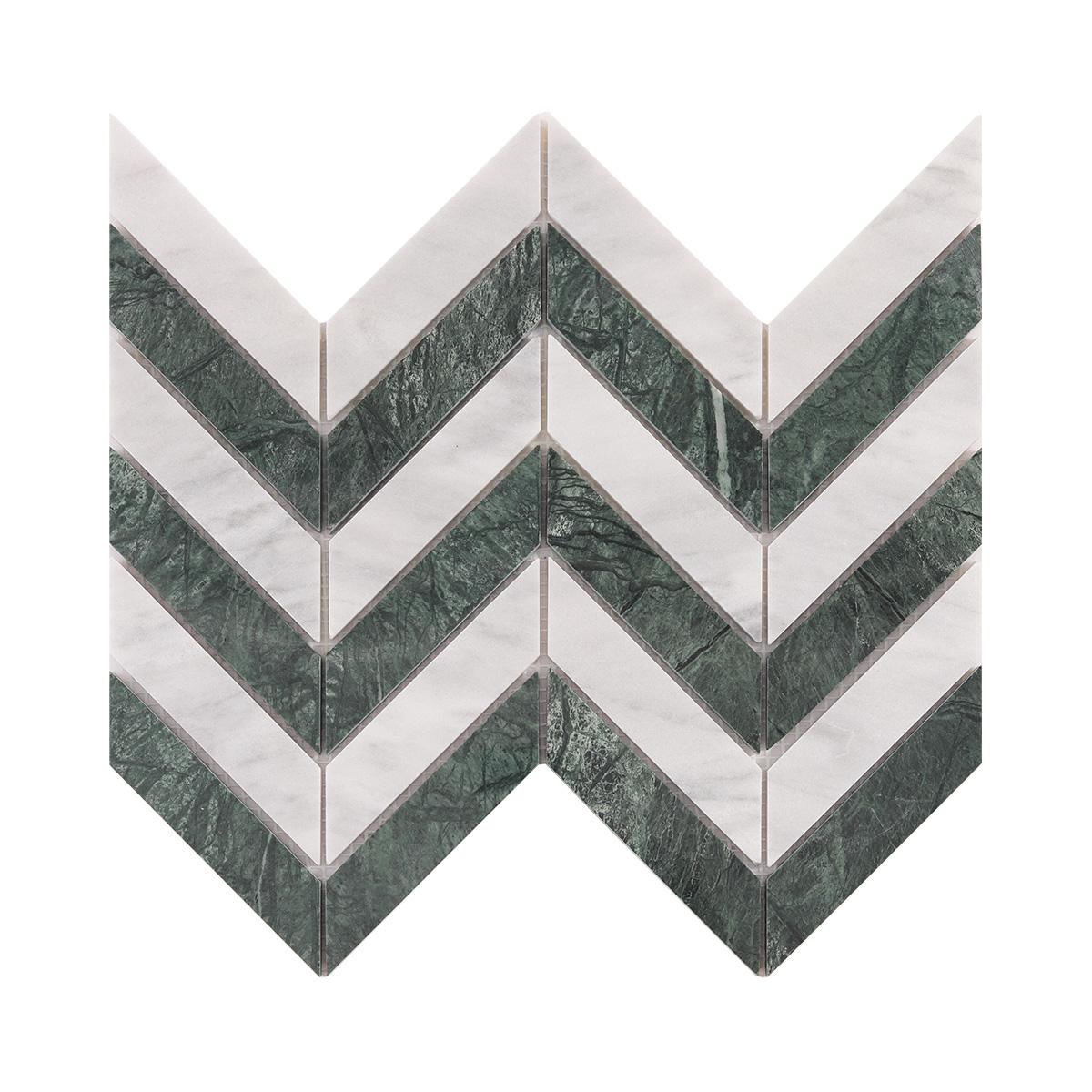 Green and White Herringbone Marble Mosaic Tiles — mosaic xương cá bằng đá marble trắng & xanh lục