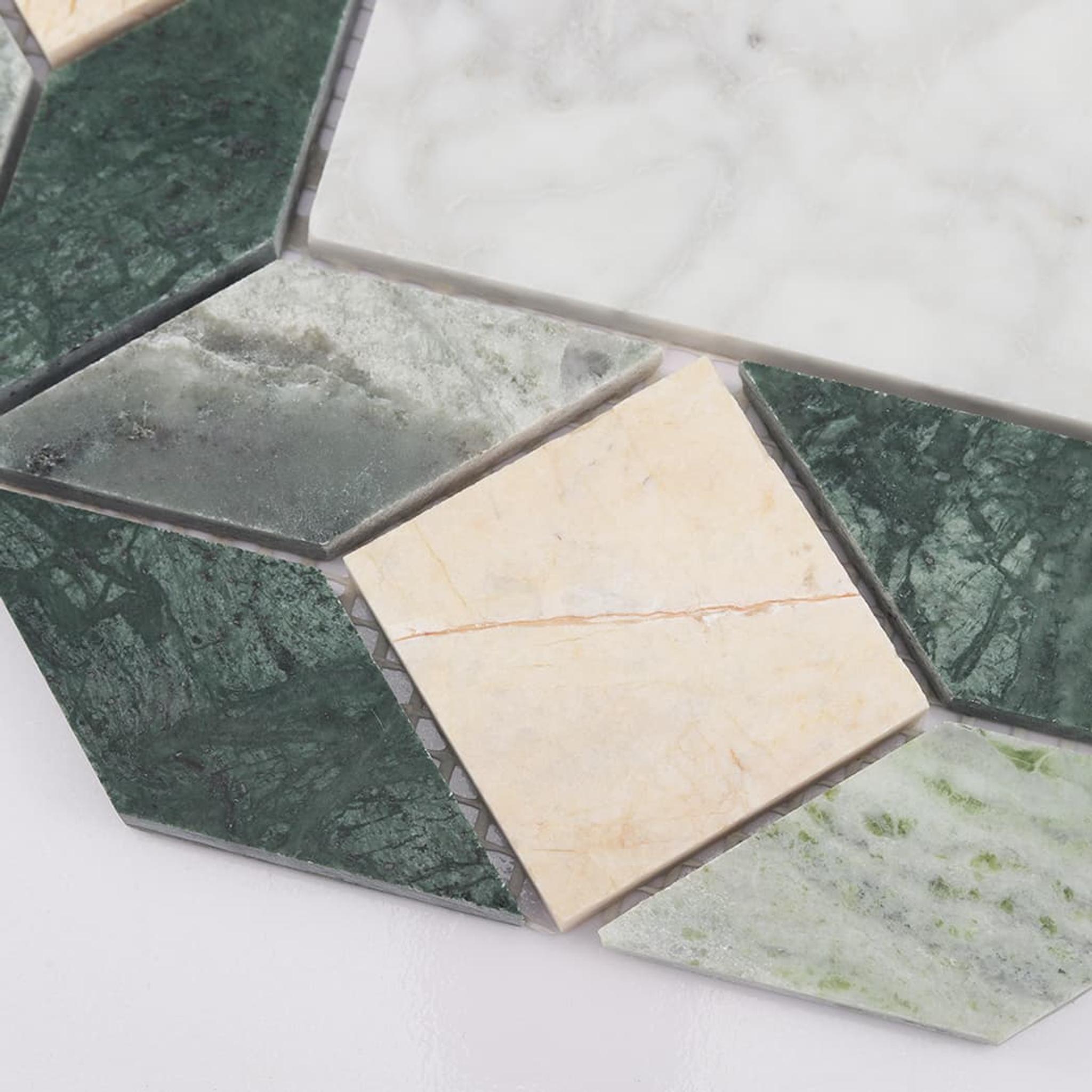 Geometric Octagon Marble Bathroom Tile Mosaic with Green and White — mosaic ghép nghệ thuật bằng đá marble trắng & xanh lục