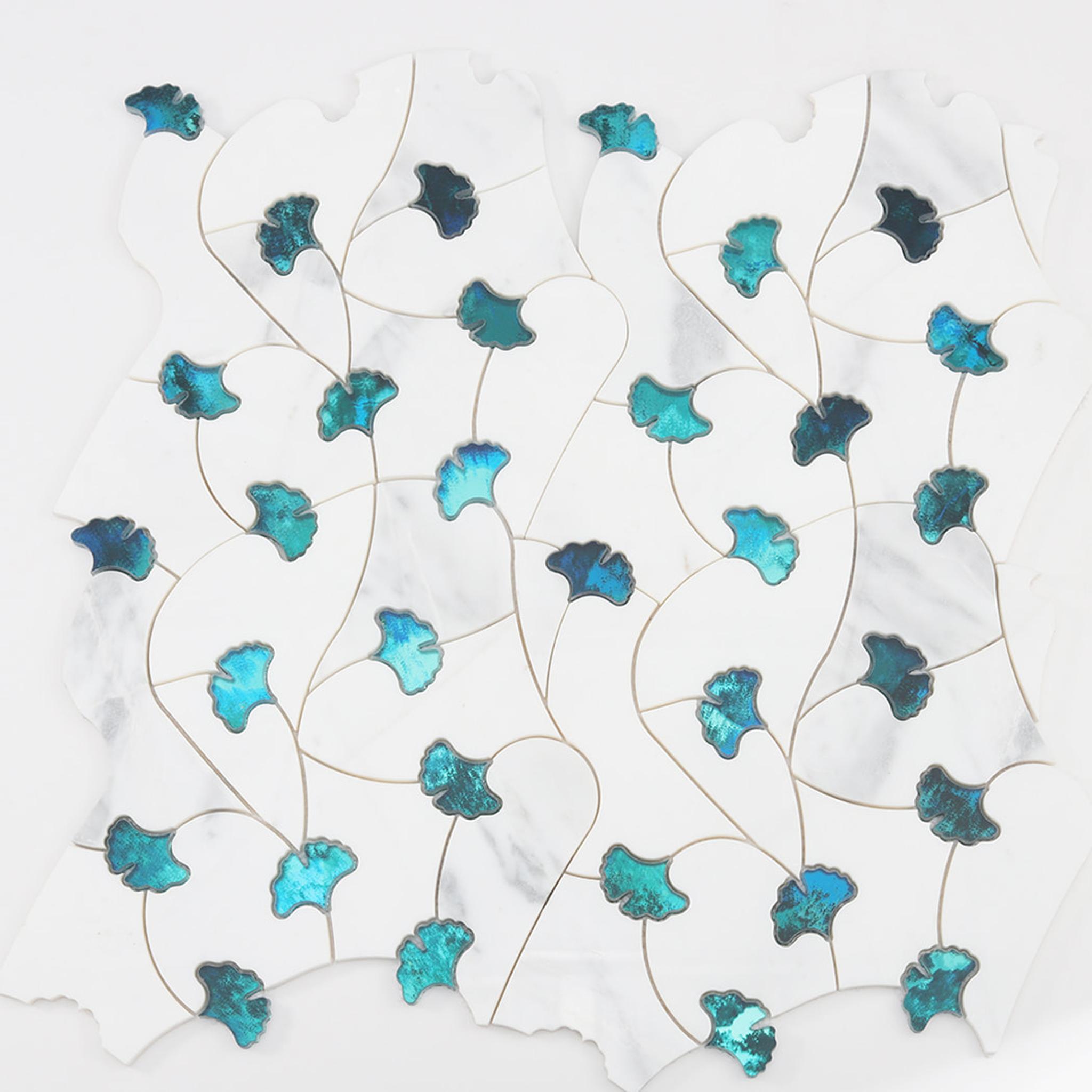 Marble Waterjet Flower Mosaic Tile And Teal Glass — mosaic hoa văn waterjet bằng đá marble tự nhiên